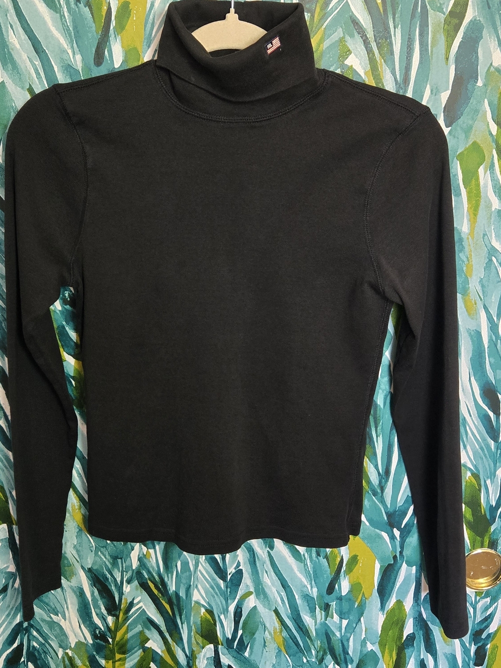 Vintage Polo Ralph Lauren Black Turtleneck Top with Embroidered USA Flag